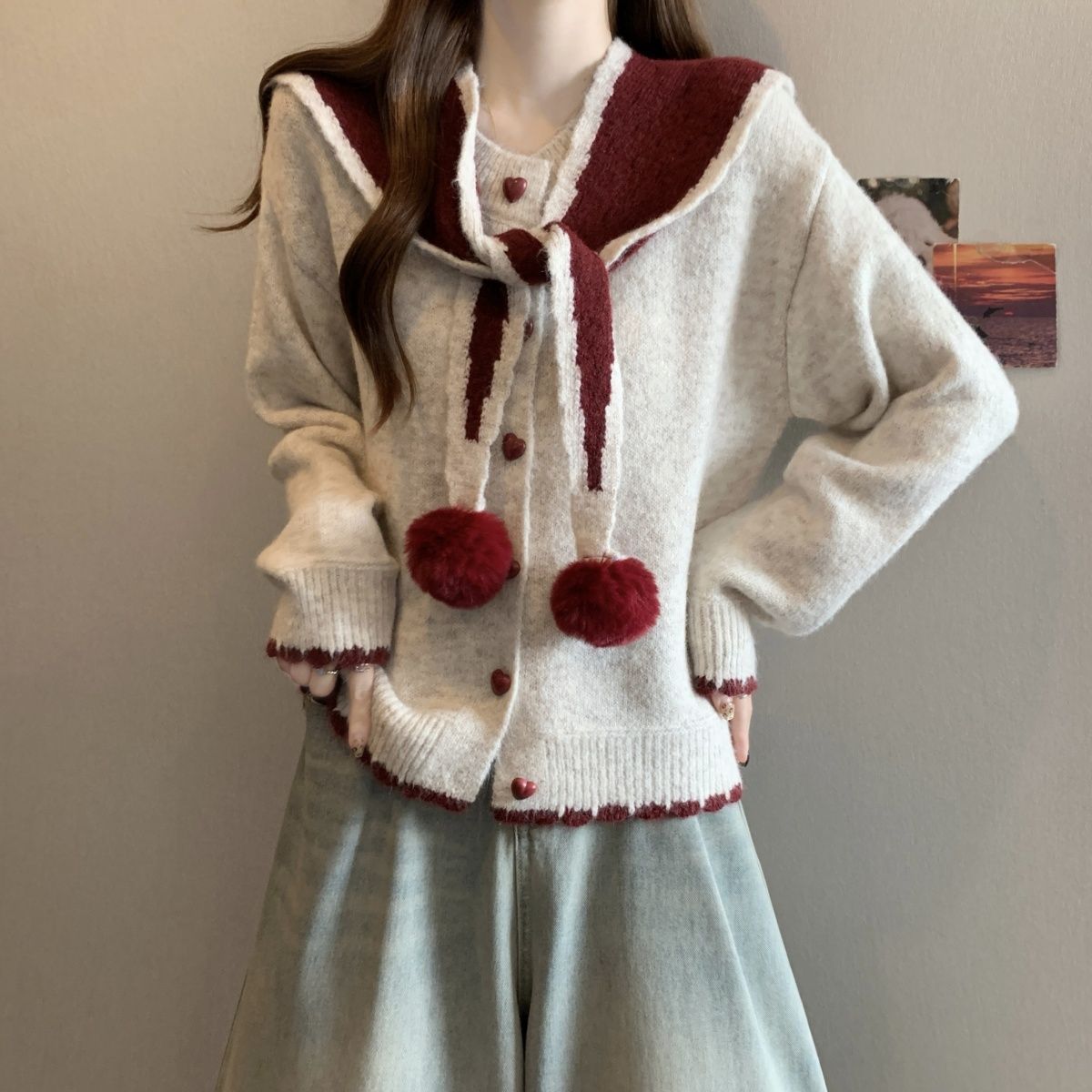 Kaning Navy Collar Shawl Knitted Cardigan 2026 Autumn and Winter New Style Preppy Style Heart Button Round Neck Sweater Jacket
