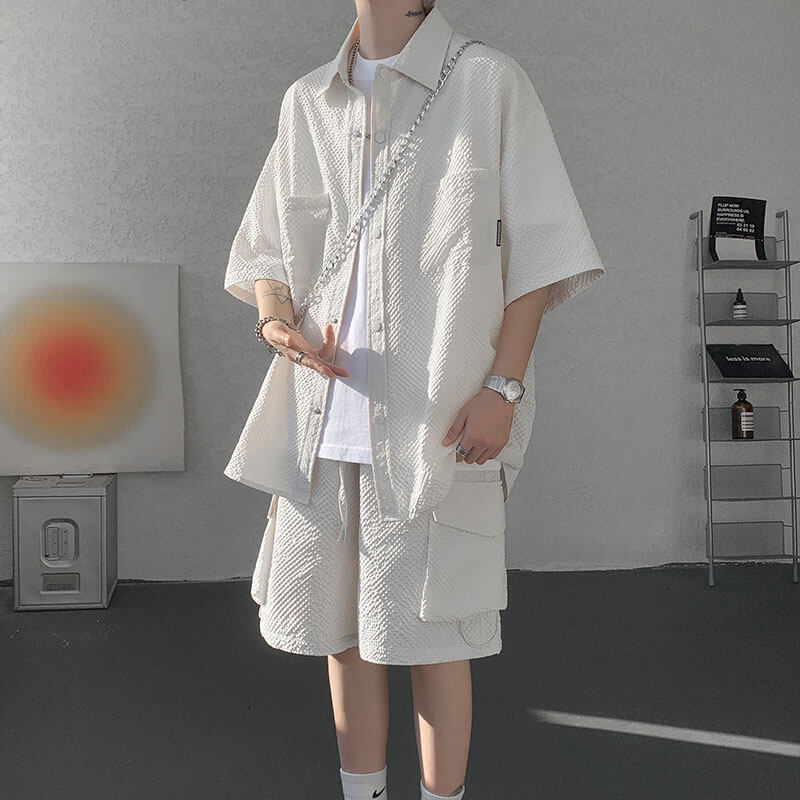 Workwear Short-Sleeved Shirt Suit Men's Summer Loose Casual Shirt Shorts Two-Piece Sports Casual Pants for Men
