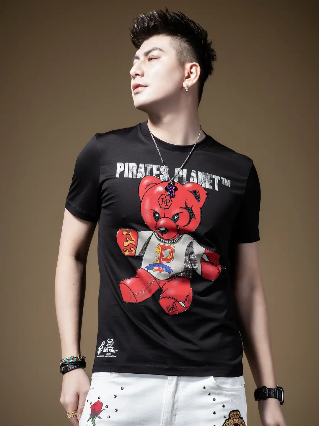 Zouk Hot Diamond Print Bear Short-Sleeved T-Shirt Men's Mercerized Cotton Trendy Short-Sleeved American High Street Men's Clothing new New arrival