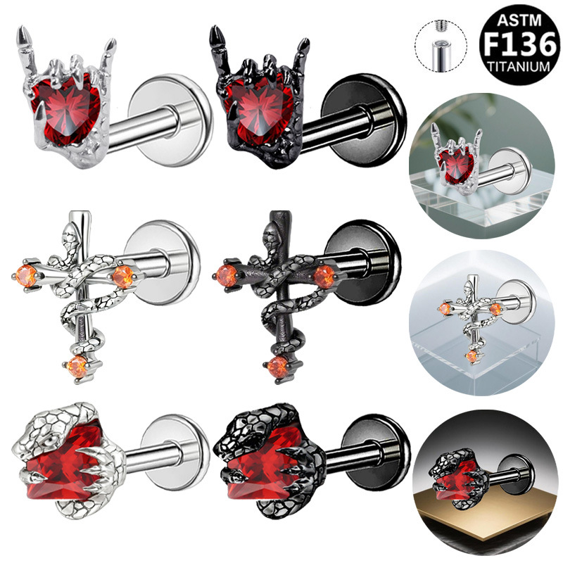 Gabe European and American Cross-Border F136 Titanium Alloy Simple Zircon-Inlaid Flat-Bottomed Ear Studs Lip Studs Internal Thread Piercing Jewelry