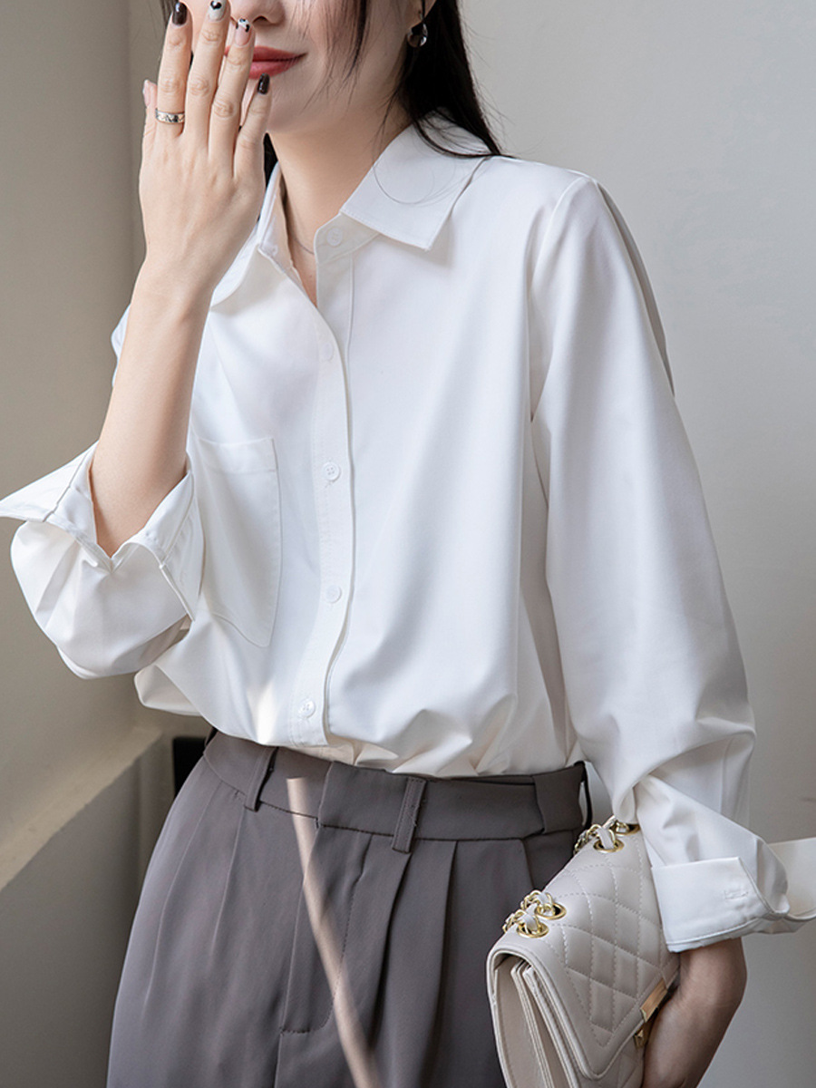 Cross-Border Korean Style Commuter Large Pocket White Shirt for Women, Summer New Loose Fit Slimming Solid Color Sun Protection Professional Shirt