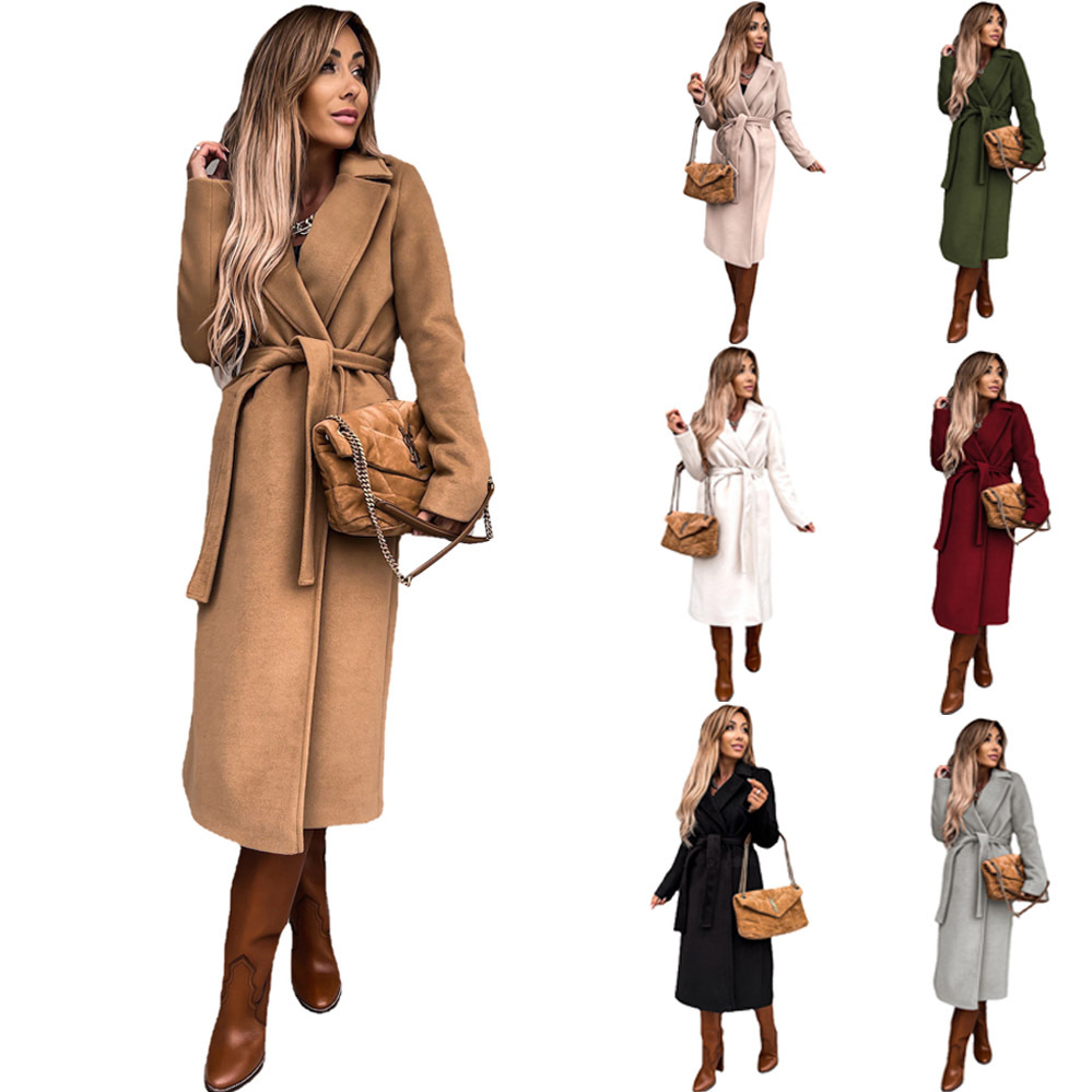 Amazon Cross-Border 2026 European and American Autumn and Winter Women's Solid Color Lapel Long-Sleeve Woolen Simple Tie Trench Coat