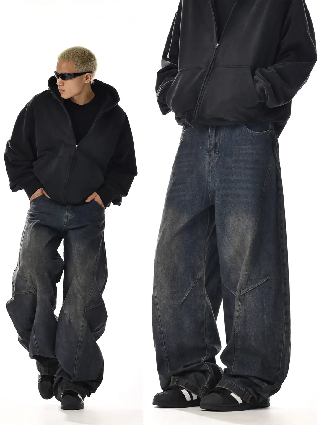 American Retro Washed Scimitar Jeans for Men and Women, Cool Street Style, Loose Casual Straight-Leg Wide-Leg Pants