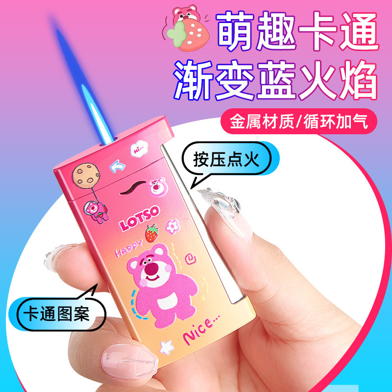High beauty value tide play creative straight windproof lighter blue flame metal inflatable lighter cute cartoon pattern women