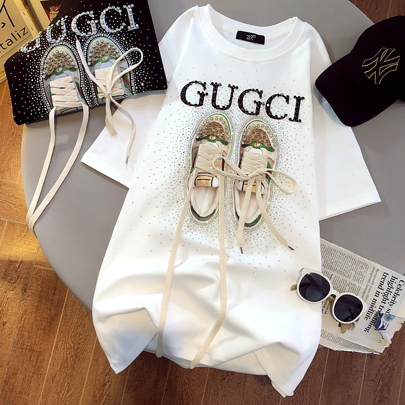 2023 Summer new heavy-duty shoes lace-up short-sleeved T-shirt women's loose plus size women's fashion mid-length half-sleeve