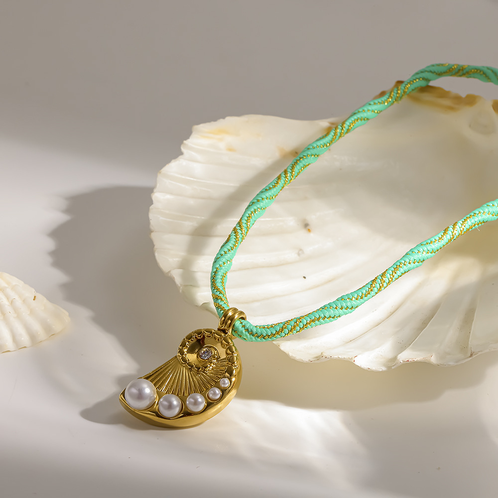 Cross-Border Ins Stainless Steel Conch Pearl Pendant Woven Rope Chain 18K Gold-Plated Non-Fading Ocean Necklace Accessories for Women