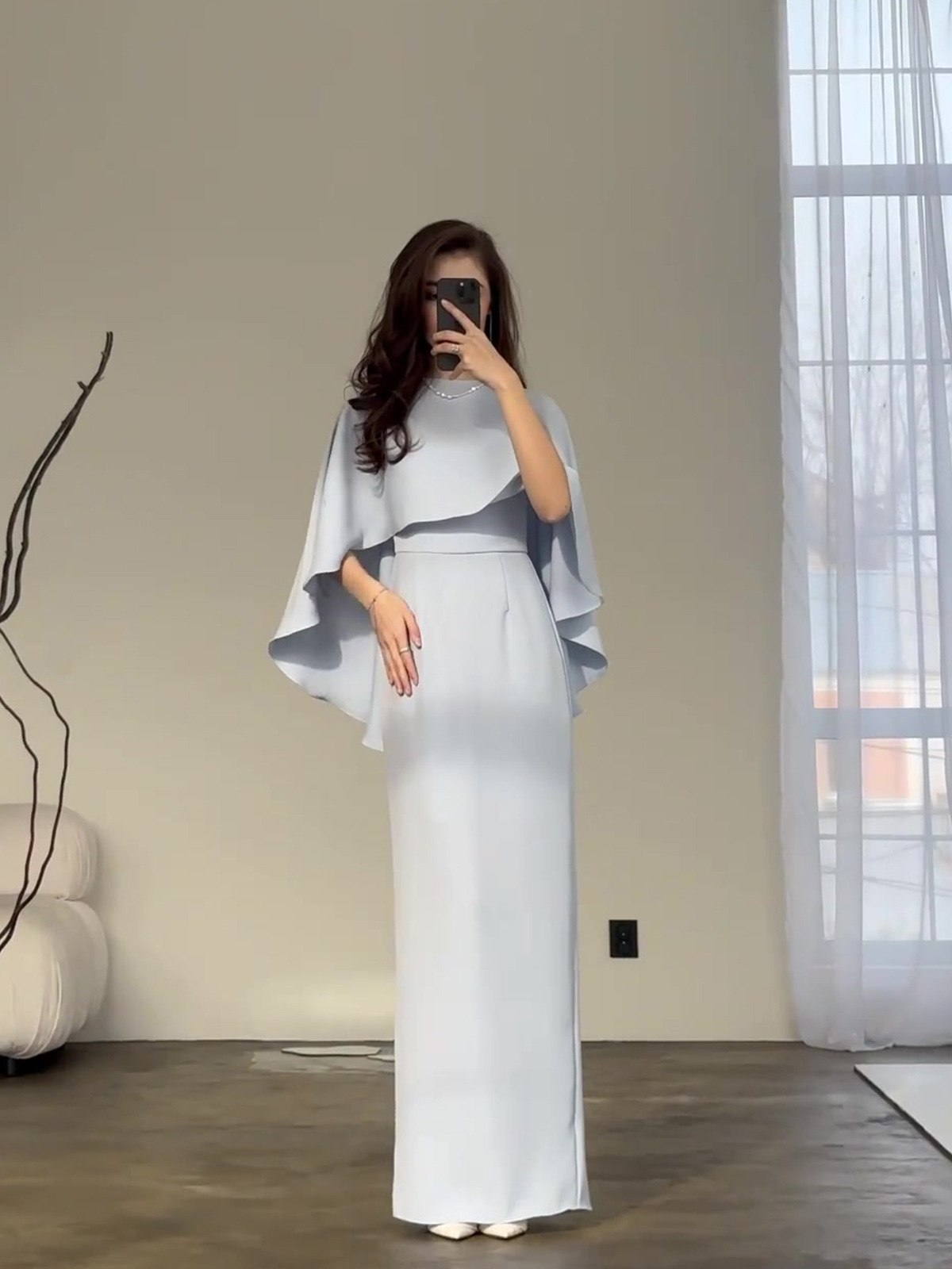 Amazon European and American Cross-Border 2026 New Solid Color Satin Batwing Shawl Elegant Waist-Cinching Long-Sleeve Dress