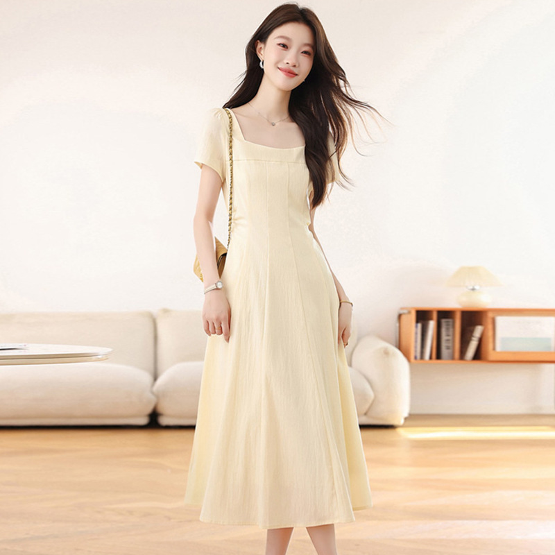 Dropshipping Fashion French-Style Square-Neck Dress for Women 2026 Summer New Light-Colored Waist-Cinching Slimming Short-Sleeve Long Dress
