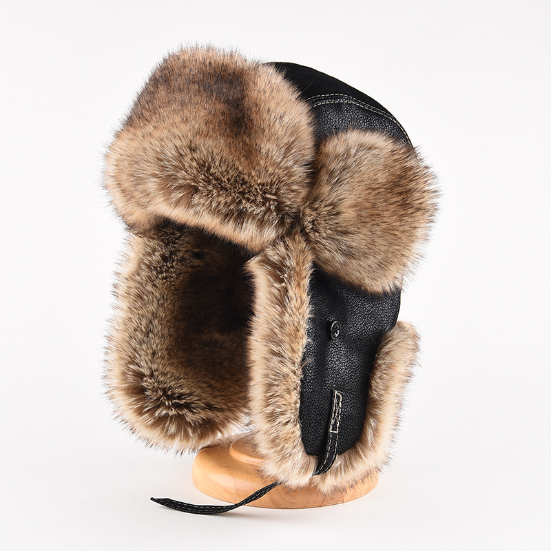 Leather Lei Feng Cap Men's Winter Thickened Plush Ear Protectors Northeast Cold-proof Cycling Big Head Circumference locomotive cap Foreign Trade