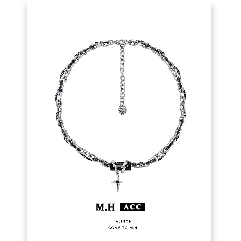 Black Zircon Star Necklace for Women, European and American Unisex Style, Hip-Hop Trendy Clavicle Chain Necklace with Four-Pointed Star