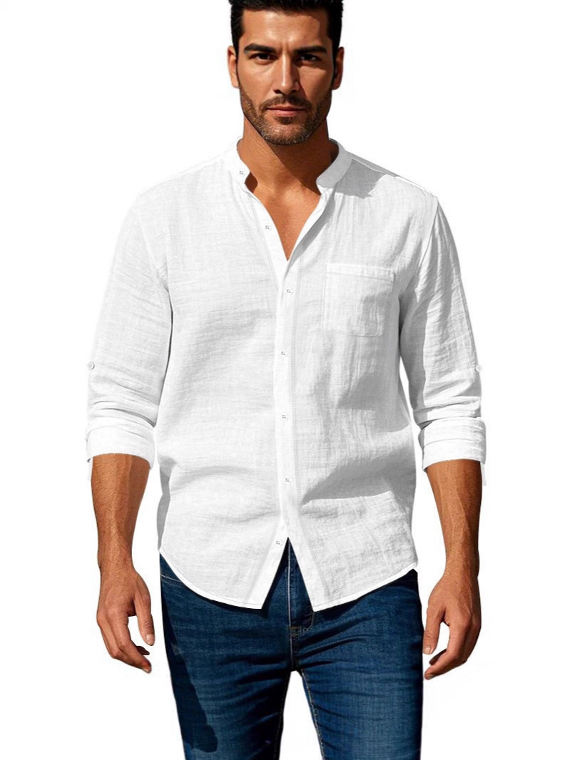 Amazon Cross-Border Spring and Autumn Linen Shirt Long-Sleeved Stand-Up Collar Breathable Casual New Chinese Style Pocket Shirt for Men