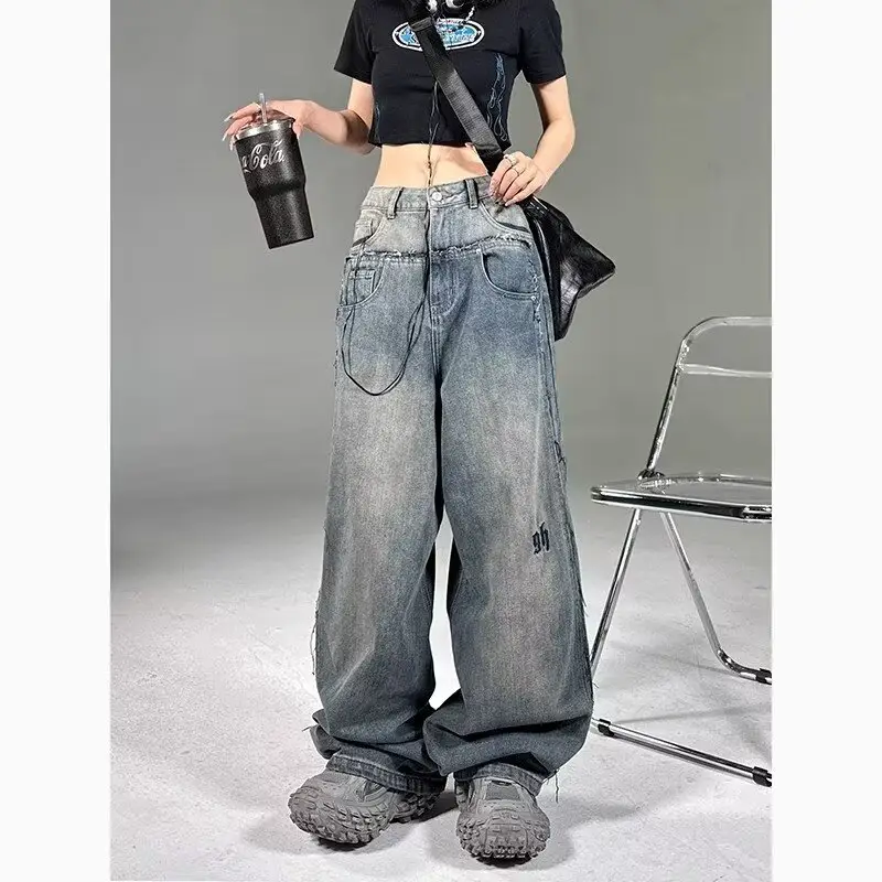 American Style High Street Washed Dressed Jeans Women's Niche Design Slimming Straight Leg Wide Leg Pants Loose Mop Long Pants