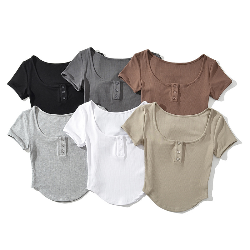 26 New Summer Style Large U-Neck Slim-Fitting Short Top for Women, Elegant and Figure-Flattering, Sexy Buttoned Curved Hem Short-Sleeved T-Shirt