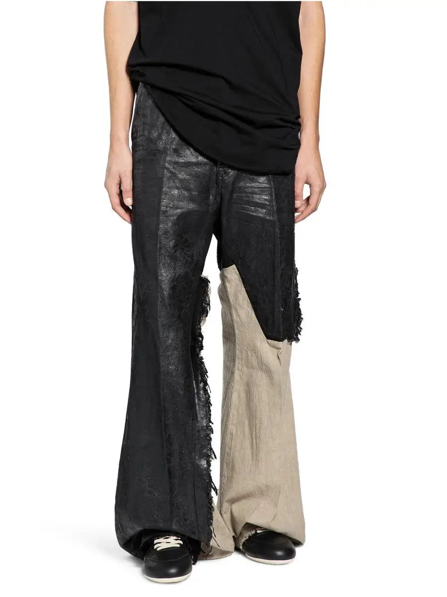 Dark Light-Punk Style Dawnhin Ro Coated Wax Surface Patchwork Distressed Wide-Leg Flared Floor-Length Jeans