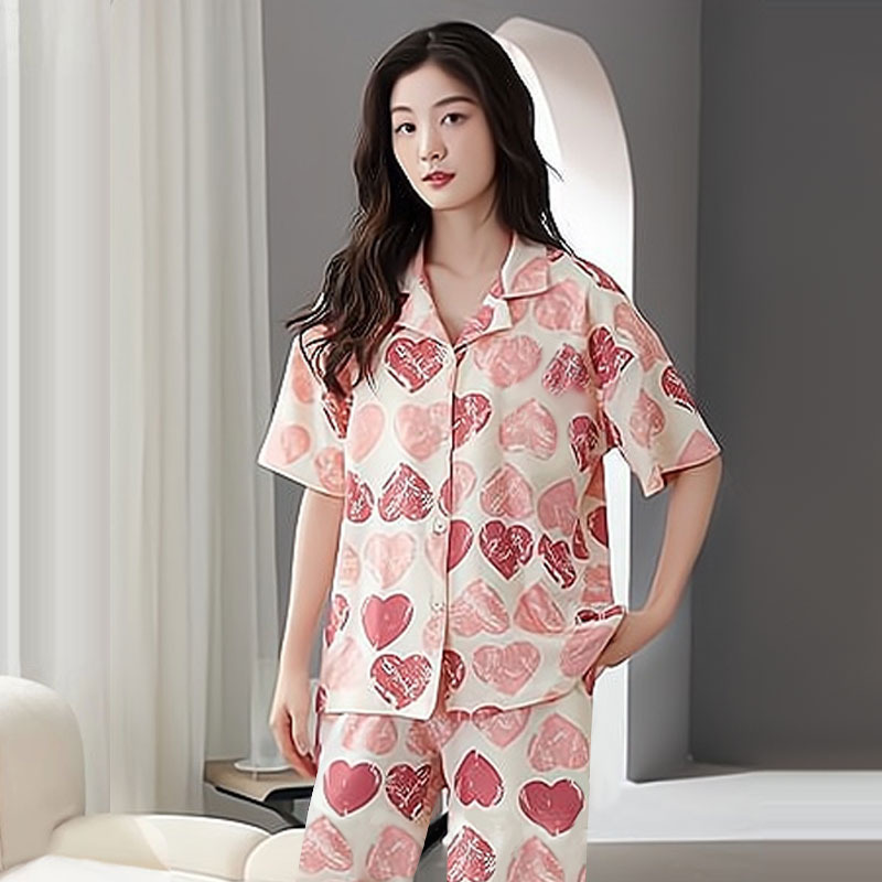 Foreign Trade Wholesale Pajamas for Women Summer Pink Heart Sweet Girl Pure Cotton Home Clothes Loose Casual Women's Suit