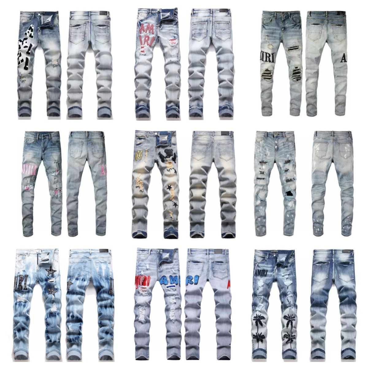 Am Export Slim Fit Elastic Four-Season Splicing Cotton Elastic Embroider Leather Label Ripped Printed Fashion Men's Jeans Collection Zdjęcie QC z 1688 na Qualit.ly