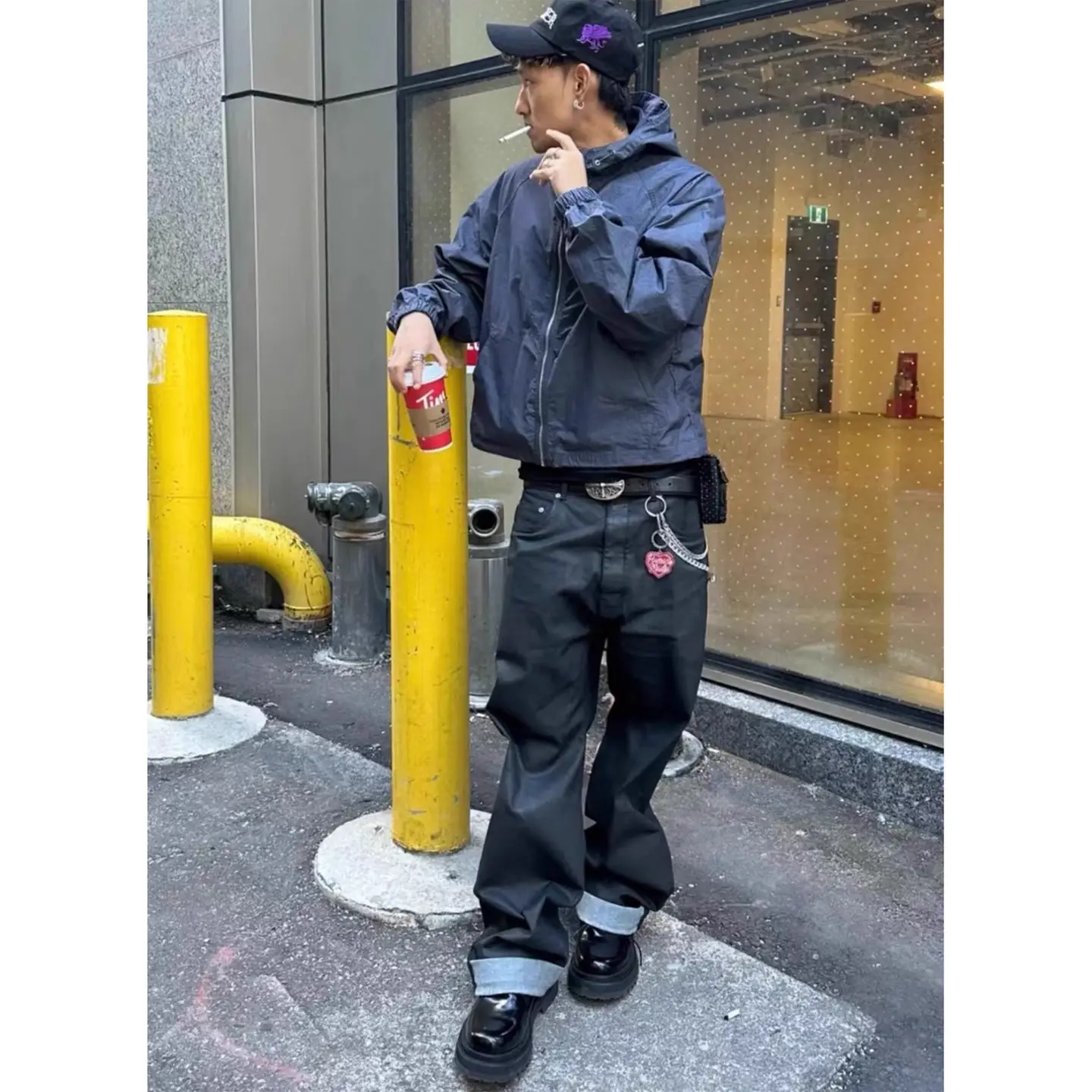 Gali同款RO风格美式原色直筒宽松刷蜡涂层黑色牛仔裤男潮牌长裤子