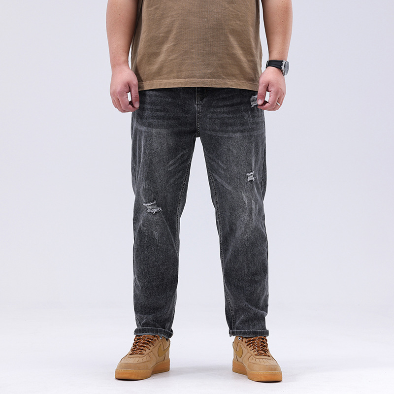 Plus size men's summer new ripped jeans men's loose plus size stretch retro ankle-length jeans
