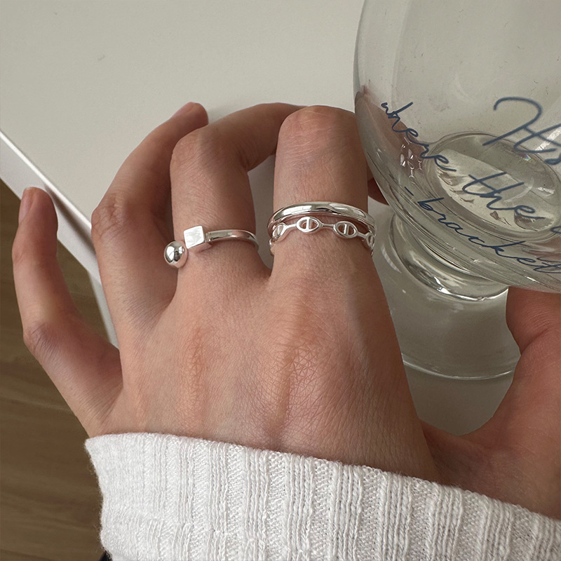 Small Ball Square Ring S925 All-Over Sterling Silver Bright Silver Open Tiktok Live Broadcast Hot Selling Ring Collection