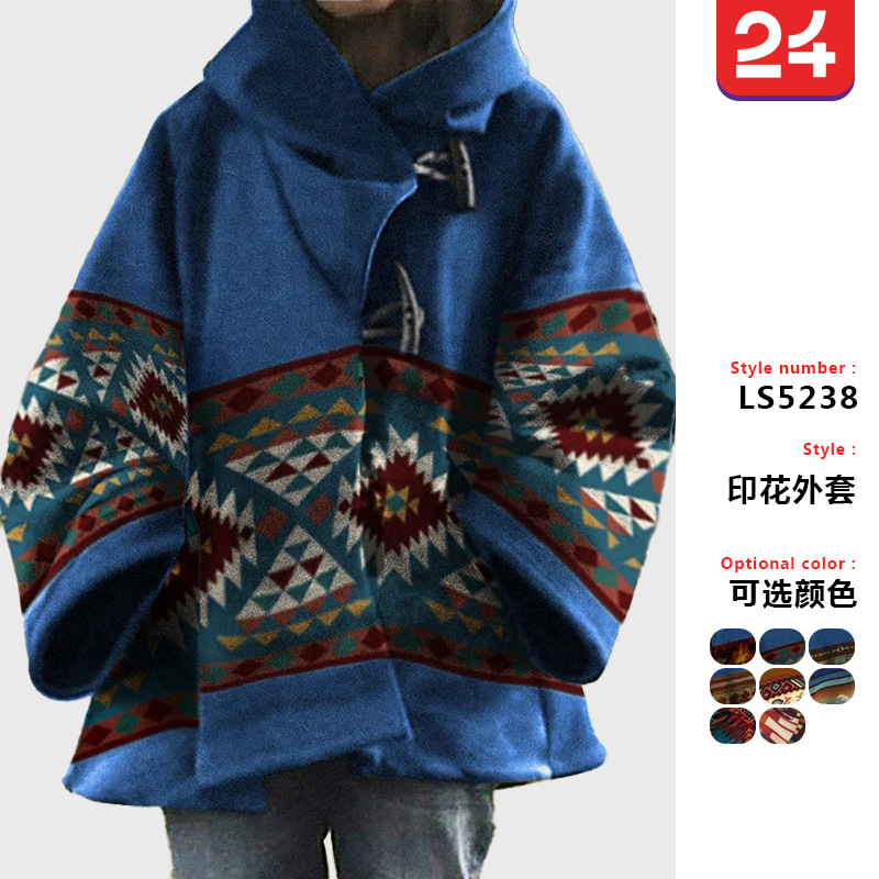 2025 Winter Wish Amazon Ebay Autumn and Winter New Women's Loose Retro Printed Woolen Outwear 5 Colors 8 Sizes
