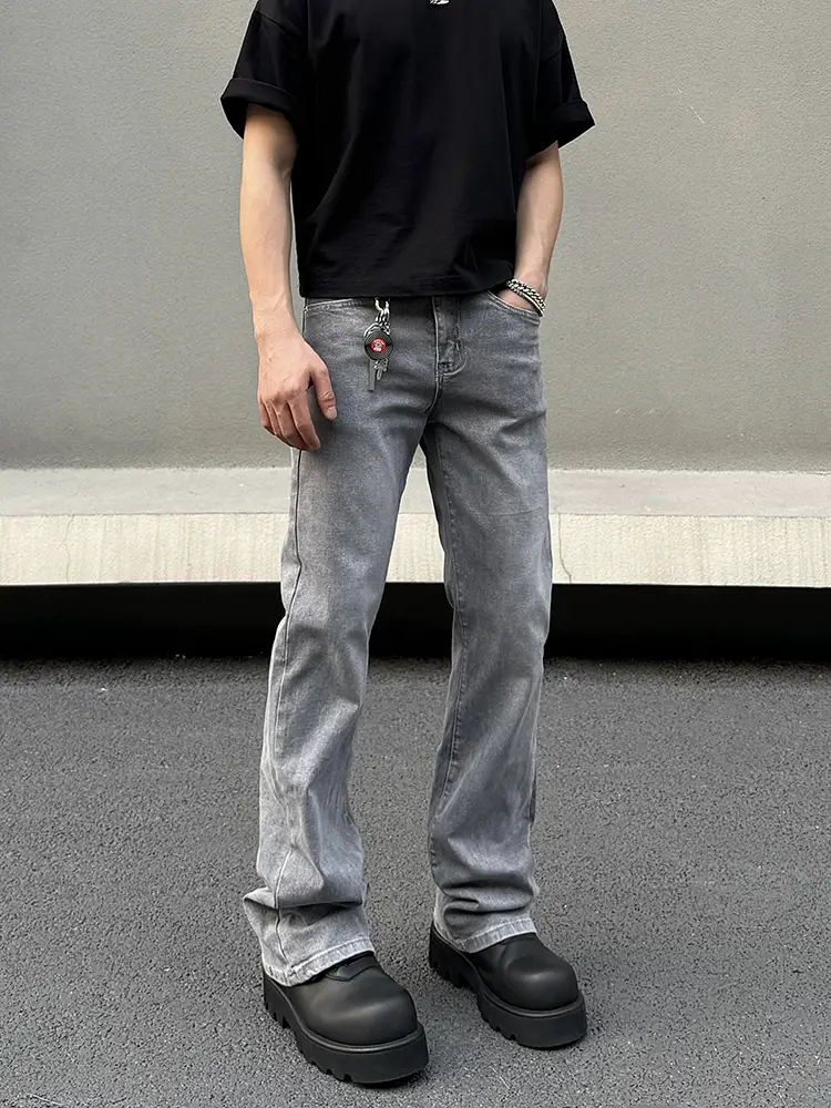 American High Street Cleanfit Washed Stretch Ash Gray Jeans for Men, Straight Slim Fit, Slightly Flared Vibe Pants, Trendy