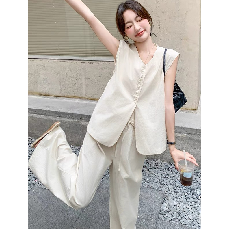 White Korean-Style High-End Casual Old Money Style Suit for Women, New Summer Model, Vest and High-Waisted Wide-Leg Pants Two-Piece Set