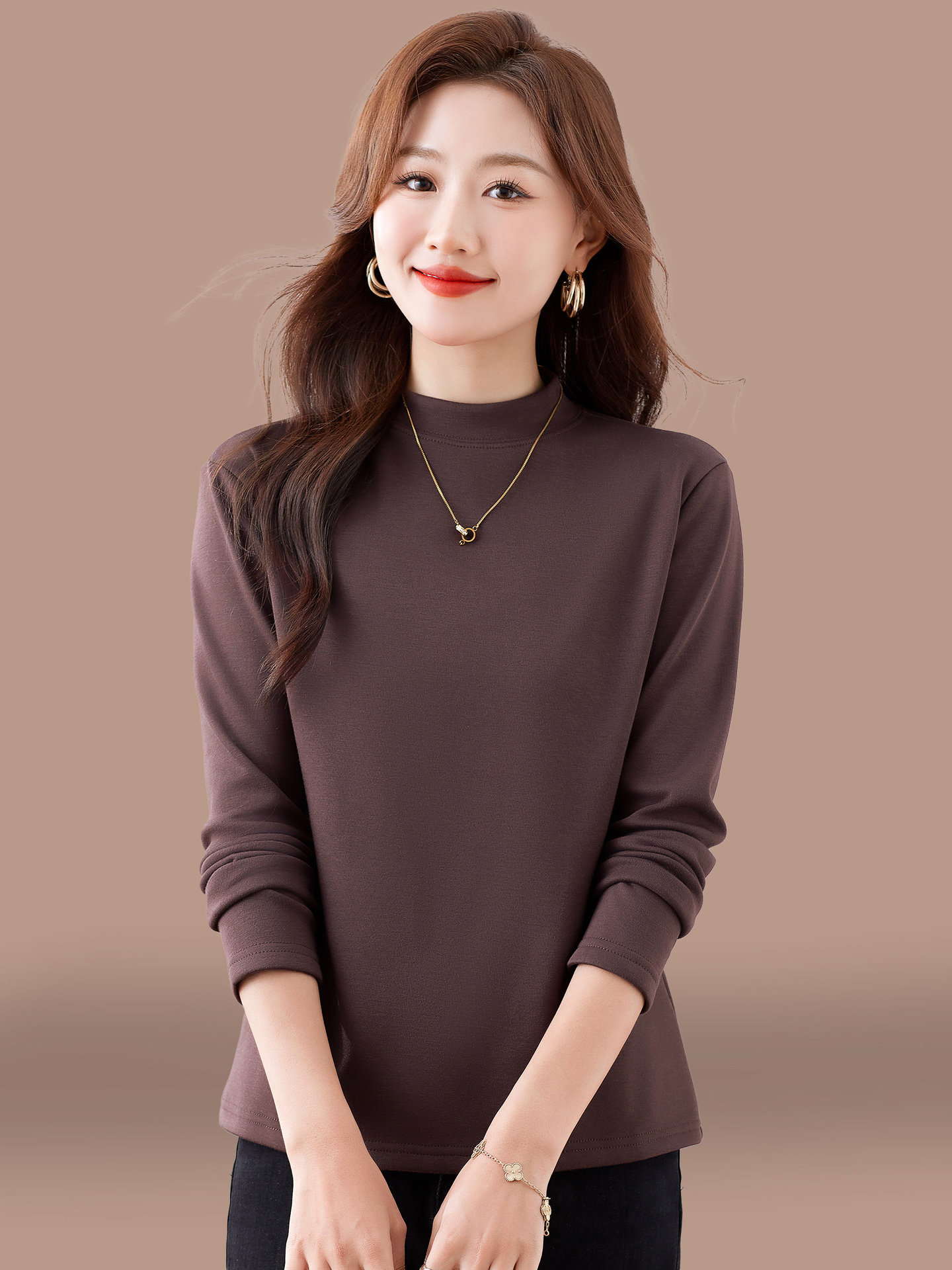Half-Turtleneck T-Shirt Top for Women, Long-Sleeved, Spring and Autumn 2026 New Style, Casual Versatile Solid Color Base Shirt for Middle-Aged and Elderly Mothers