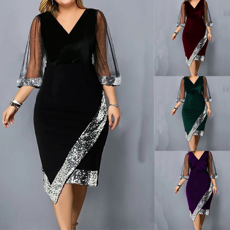 European and American Cross-Border New Style Wish Independent Site Velvet V-Neck Irregular Sequin Sheer Mesh Women's Dress