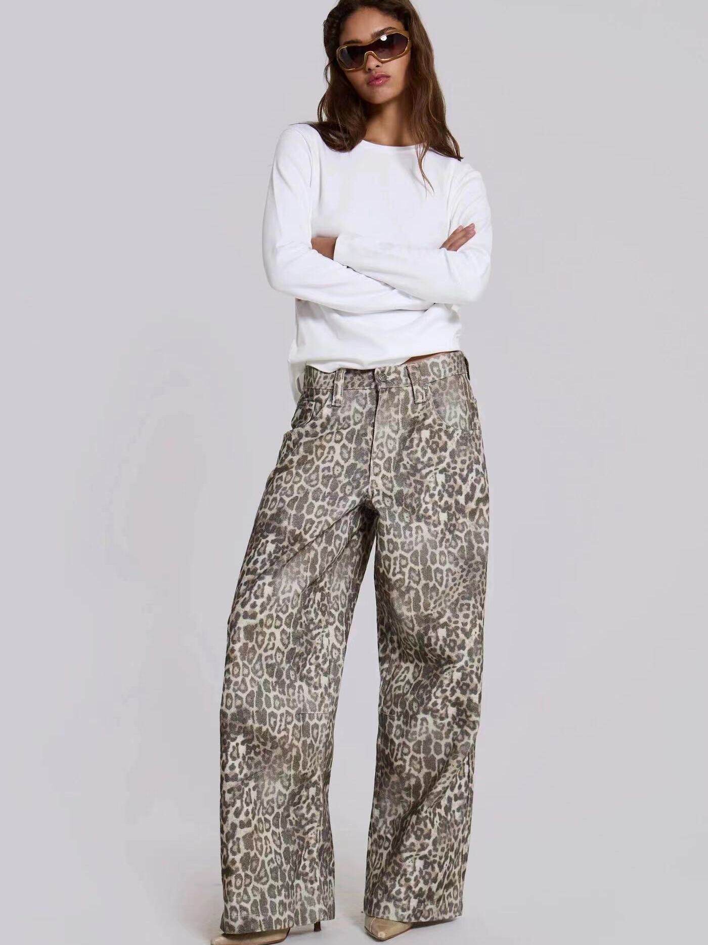 Jaded London 25 New Faded Leopard Print All-Over Print Loose Wide-Leg Low-Rise Jeans