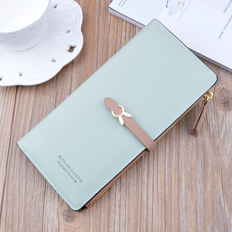 New Women's Wallet Women's Long Korean Style Student Fashion Zipper Buckle Thin Wallet Multi-Card Slot Soft Leather Wallet Card Bag