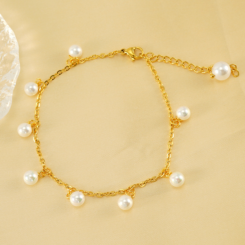 European and American fashion personality pearl tassel anklet women's stainless steel plated 18K real gold INS wind high-grade foot accessories wholesale