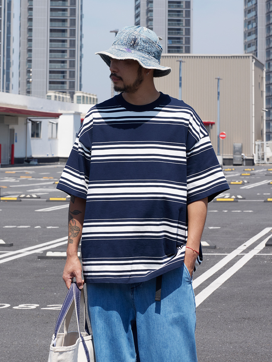 Trs Japanese Trend Series | 26Ss Custom-Woven 310g Double Yarn Round Neck Striped Short-Sleeve Loose Fit Drop Shoulder Five-Quarter Sleeve T-Shirt for Men.