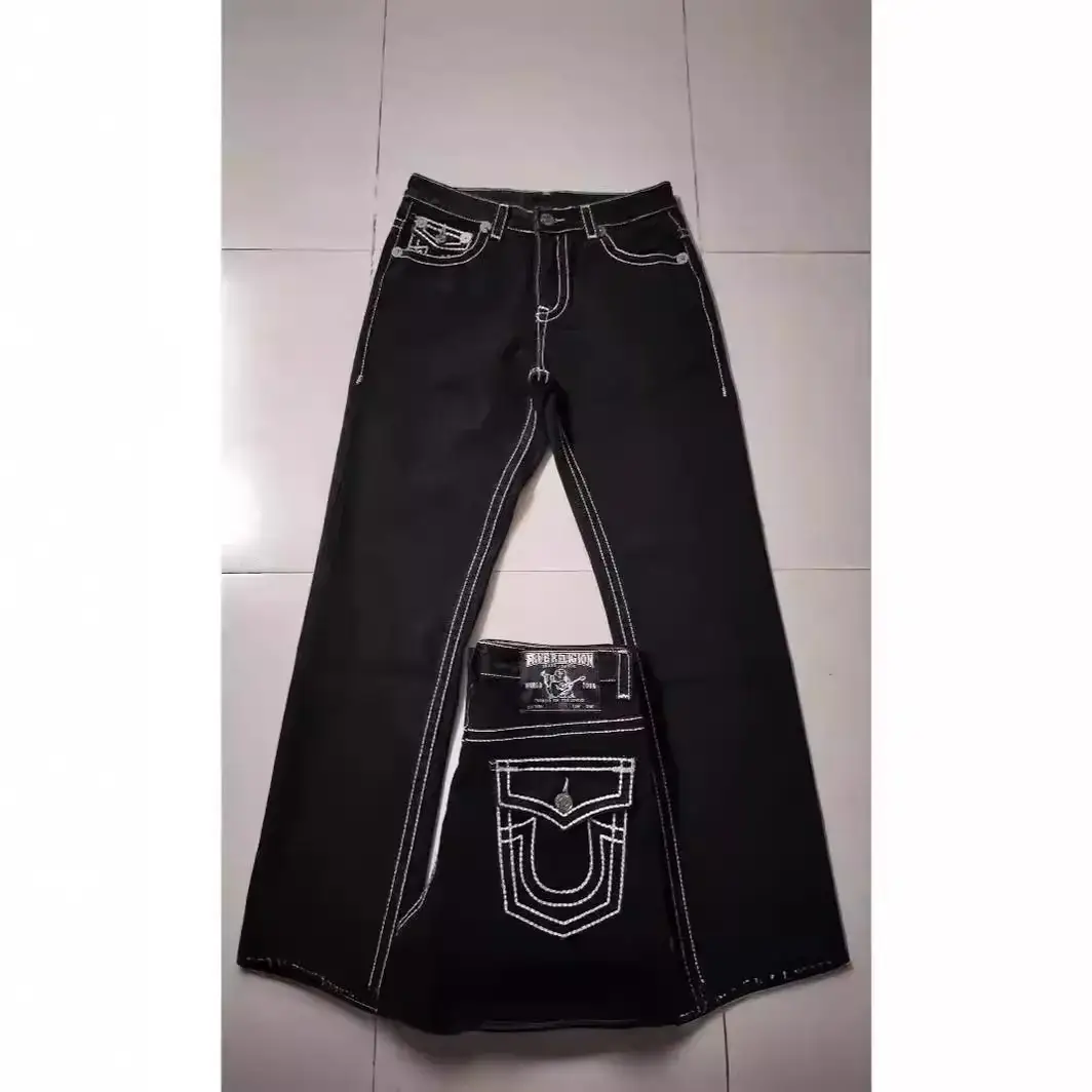 Casual Jeans American Men's Clothing Fall and winter Street Shooting Trendy Denim White Thick Line Big Buddha Straight-leg Casual Pants