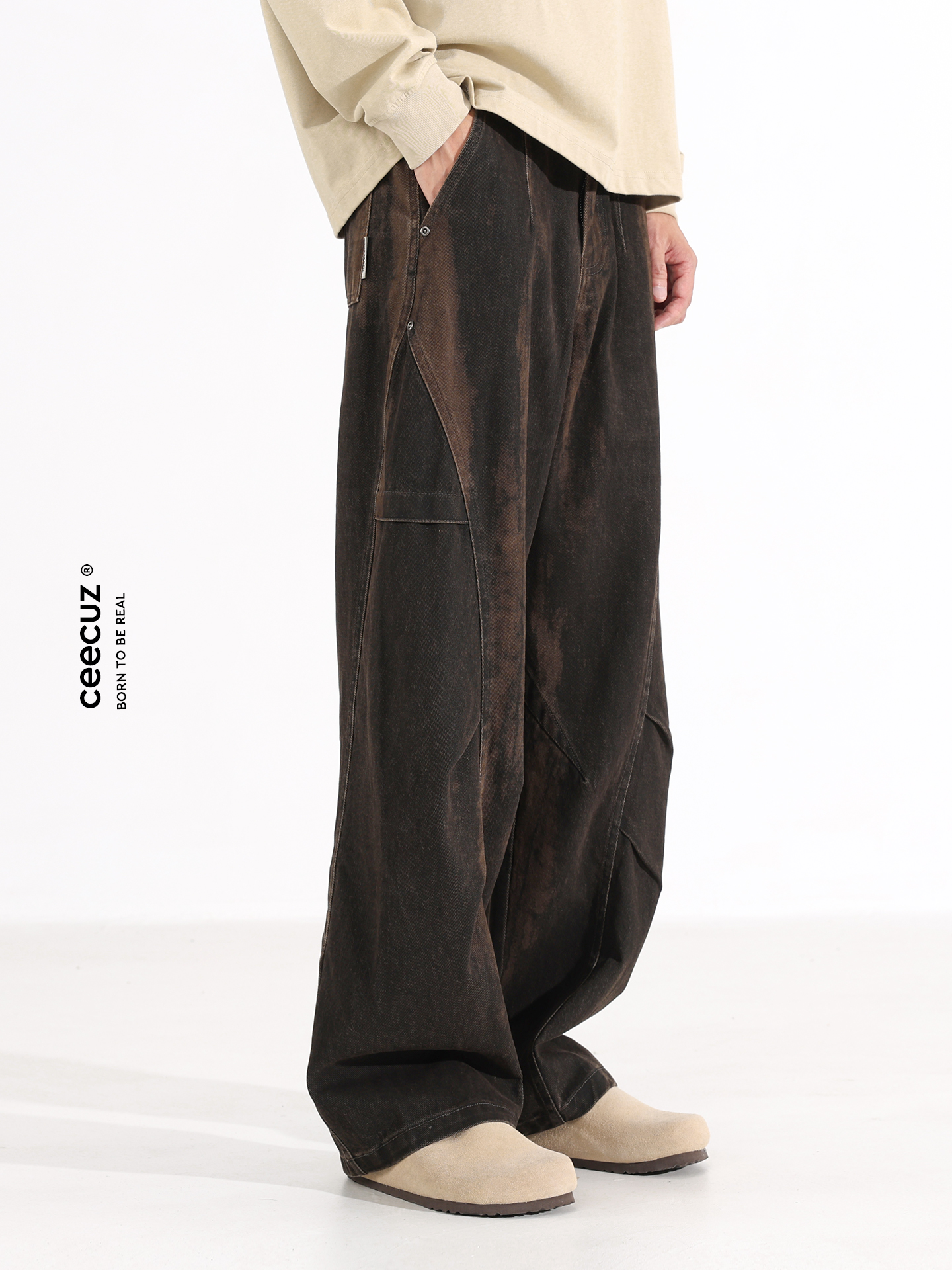 Ceecuz Retro Vintage Wide-Leg Pants for Men, Pleated Loose-Fitting Paratrooper Pants, Casual Workwear Pants