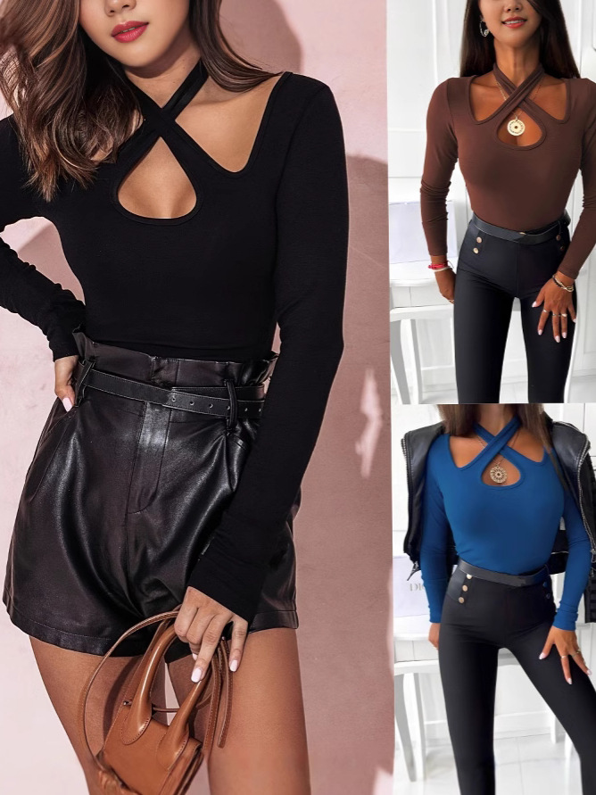 2025 Amazon Explosions European and American Women's T-shirt Top Amazon wish Explosions Sexy Sling Solid Color Top