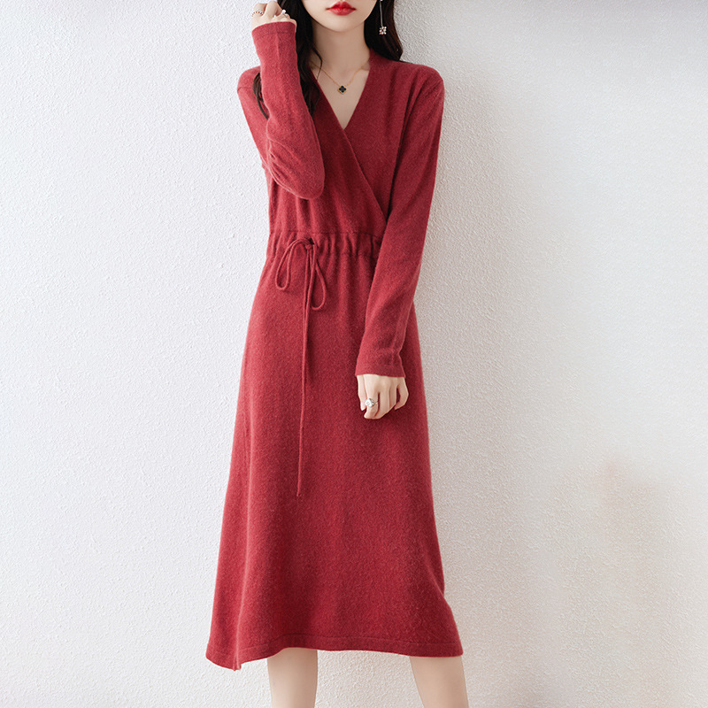 Autumn and winter wool dress women's cross V-neck dress sweater skirt tight waist over the knee temperament slimming pure wool skirt