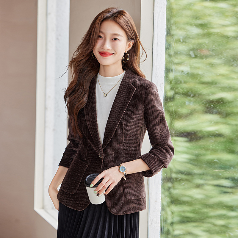 brown Corduroy Suit Jacket Women's Spring and Autumn Thickened 2024 New Style Small Casual Short Suit Top Winter