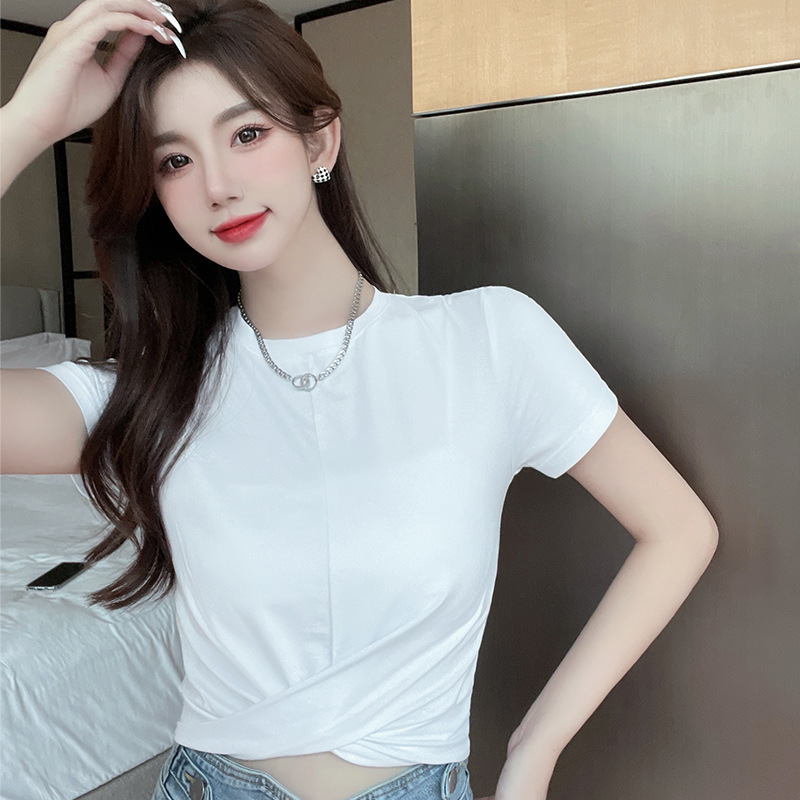 Cross-Border Short-Sleeved Women's Right Shoulder T-Shirt 2025 Summer Korean Style White High-End Women's Clothing New Design Sexy Tops