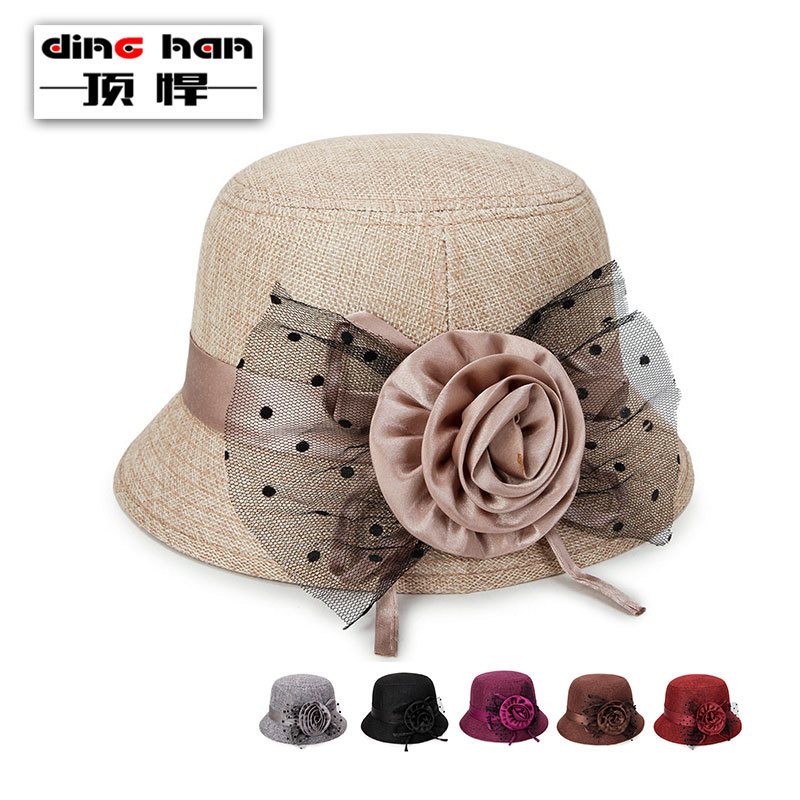 Zhenyueqi Spring and Summer New Linen Sunshade Top Hat Women's Sunscreen Princess Big Flower Pot Hat for Middle-aged and Elderly