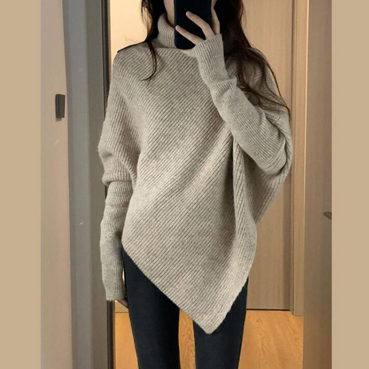 High Collar Asymmetrical Niche Design Sweater for Women in Autumn and Winter Korean Style Loose Lazy Style Soft Waxy Knitted Top Thickeneded