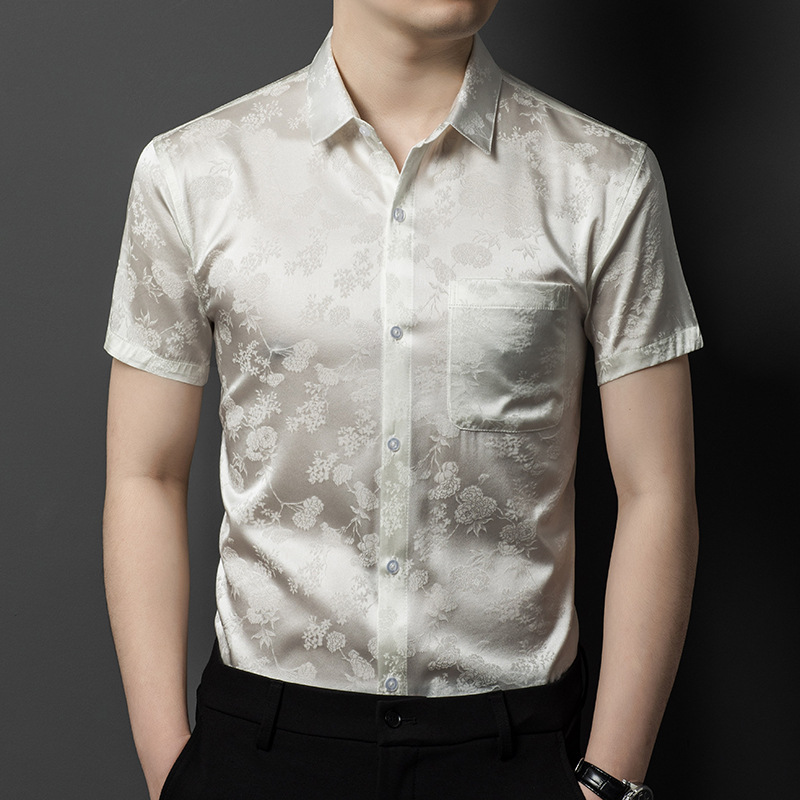 Summer Men's Mulberry Silk Short-Sleeved Shirt Business Casual Jacquard Men's Silk Shirt Trendy Half-Sleeved Top