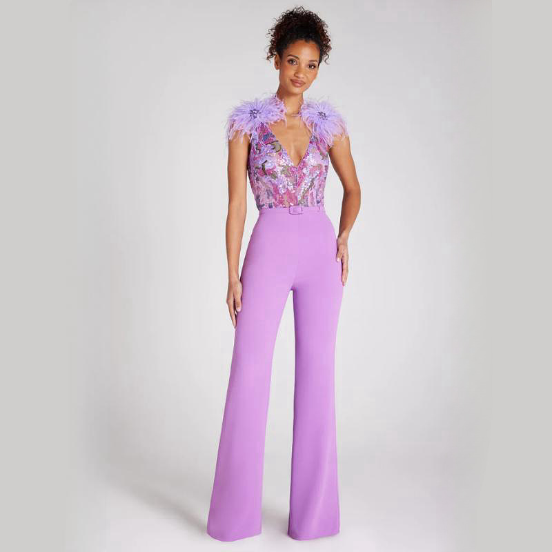AliExpress new sequined embroidered V-neck sleeveless feather shoulder purple High Waist Jumpsuit fashion party Outfit