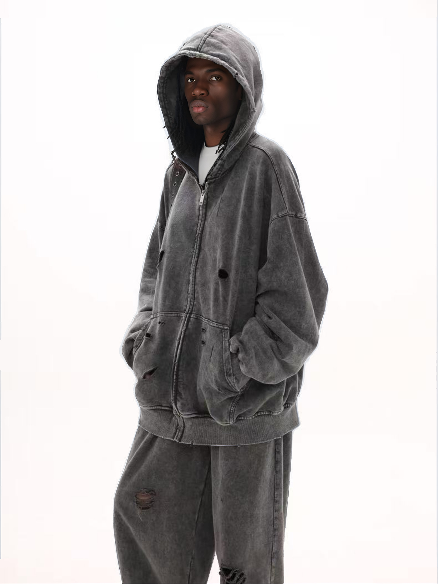 European and American Cross-Border Ripped Hooded Sweatshirt for Men, Washed Heavy-Duty Loose Fit Versatile Retro Couple Style American Trendy Brand Set