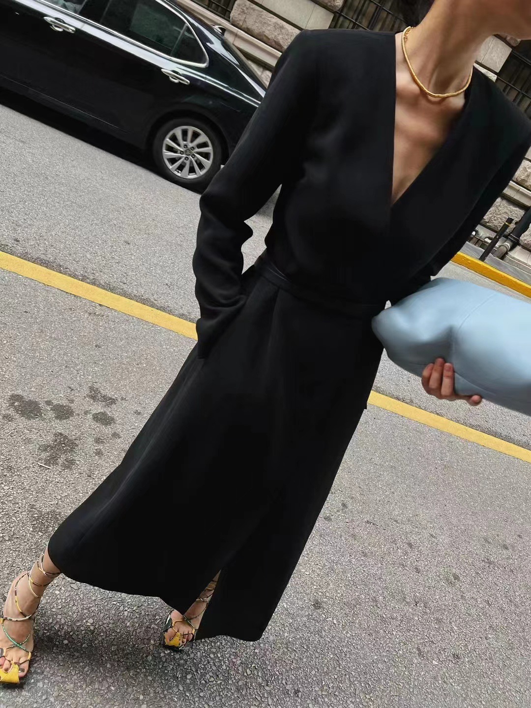 2025 Spring Classic Black Blended Acetate Trench Coat Dress with Stylish Wrap-Around Design, Hong Kong Style Draped Trench Coat Dress