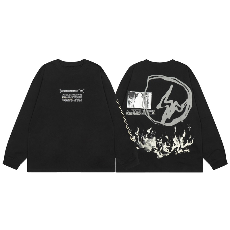 Cross-border European and American fashion brand Travis Scott joint name fujiwaro lightning long-sleeved T-shirt men's and women's high street bottoming shirt