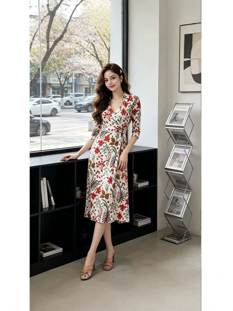 Summer New Style Holiday Style Dreamy Vine Print Wrap Dress with Lapel and Tie, One-Piece Wrap Chest and Waist-Cinching Dress