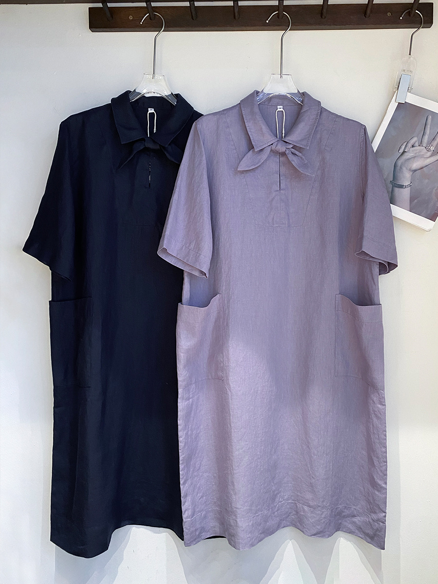 Sud町 French Imported 100% Linen Loose Pullover Bow Design Dress Mid-Length Linen Skirt