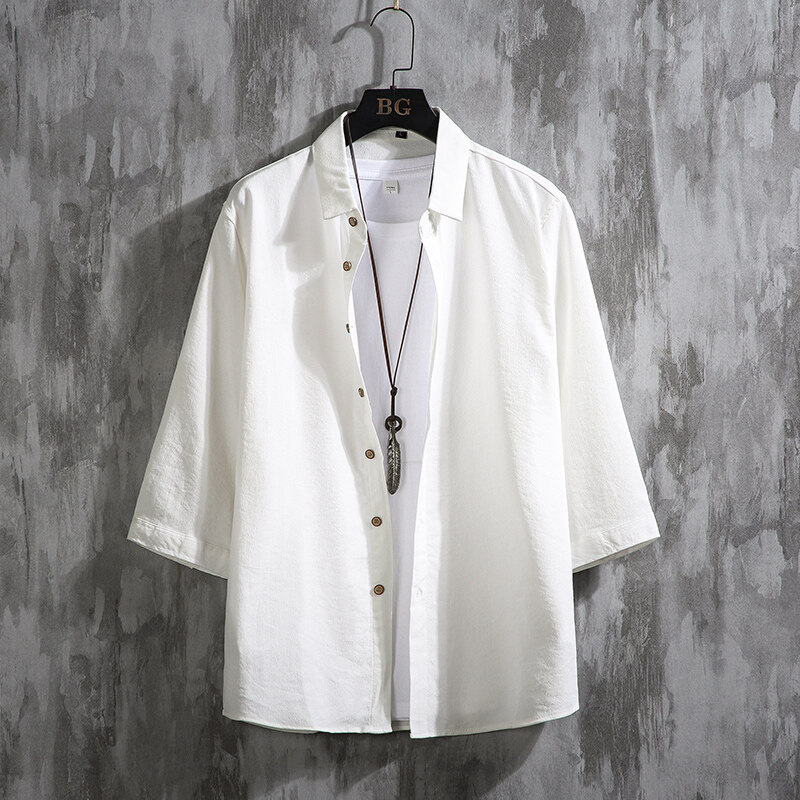 2025 New Men's Solid Color Cotton and Linen Shirt Large Size Japanese Casual Turn-Down Collar Three-Quarter Sleeve Shirt Men's Top