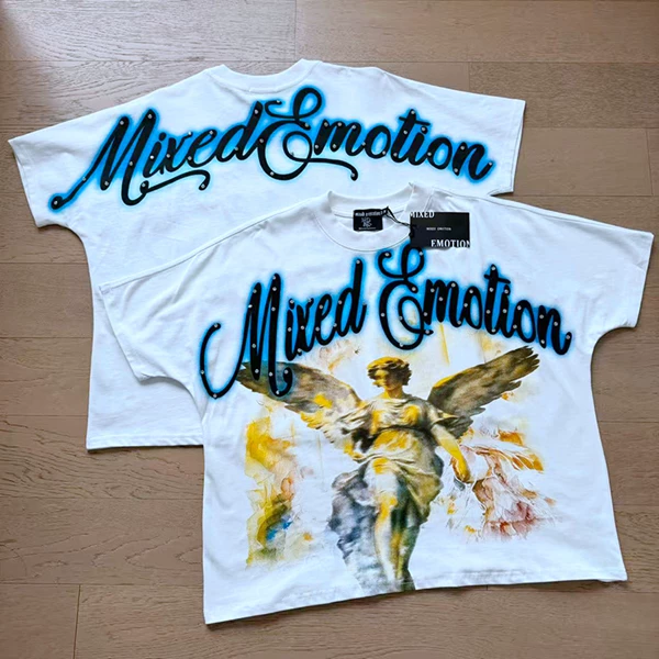 Mixed EMOTION American Street Retro Printed Hot Diamond Bat Sleeve T-shirt Wide Short Sleeves for Men and Women