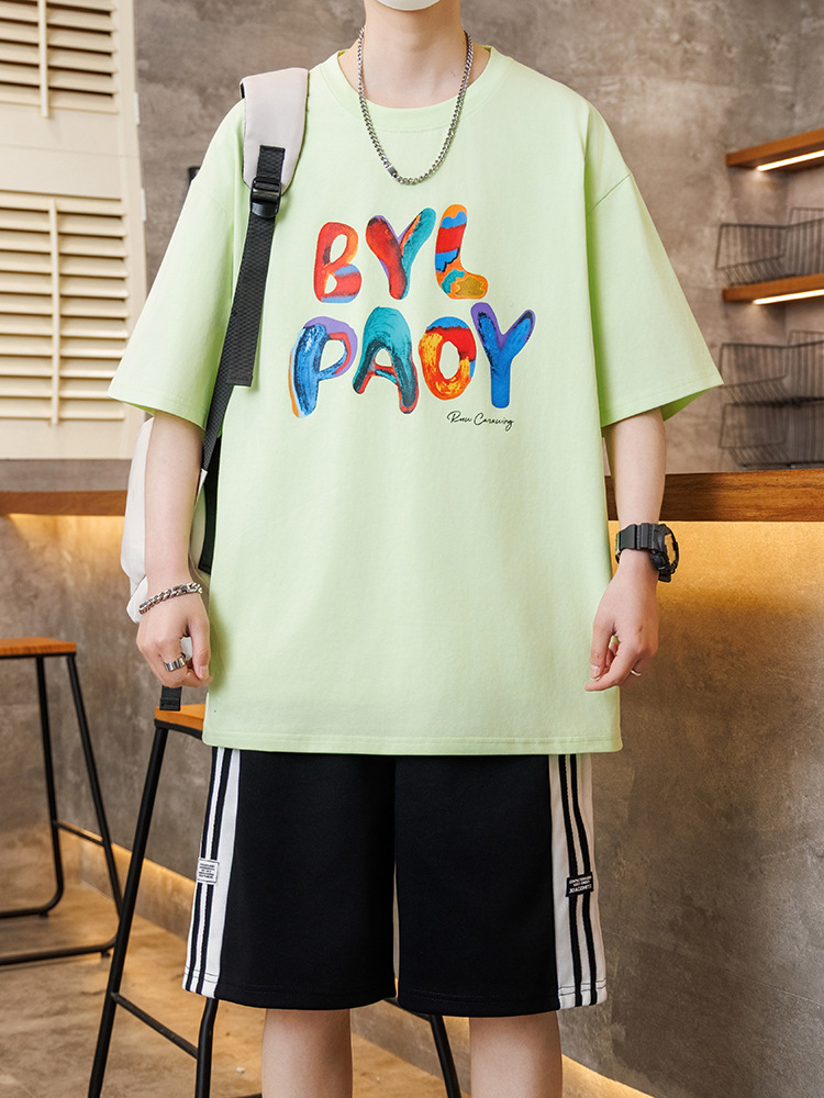 Summer New Gradient Boys' Short-Sleeved T-Shirt Hong Kong Style Fashion Trendy Preppy Style Versatile Youth Half-Sleeved t Suit